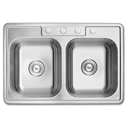 Show details for 33"X22" X 8" DOUBLE BOWL STAINLESS STEEL SINK - 4 HOLE 20GA. Picture of 33"X22" X 8" DOUBLE BOWL STAINLESS STEEL SINK - 4 HOLE 20GA.